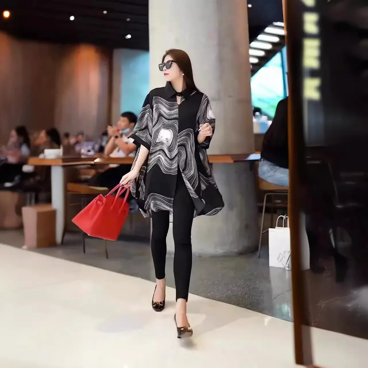 

202 New Women's Versatile Top Women's Loose Button Medium Sleeve Irregular Shirt Skirt