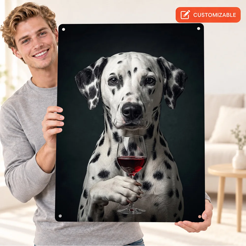Dalmatian Dog Holding Wine Glass Textured Metal Poster Animal Portrait Bedroom Wall Art Personalized Aluminum Sign Unique Gift