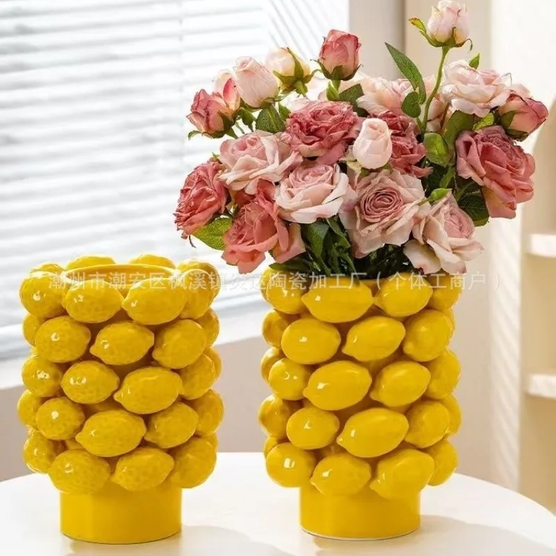 Cross-border hot-selling ceramic vase fruit lemon modern simple wide-mouth flower pot living room ornament creative vase