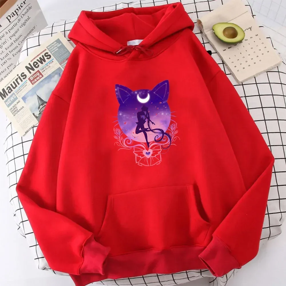 Vintage Anime Plus Size Hoodie Women Sweatshirts Printed Cat Moon Long Sleeve Hooded Kawaii Cartoon Female Streetwear Tops