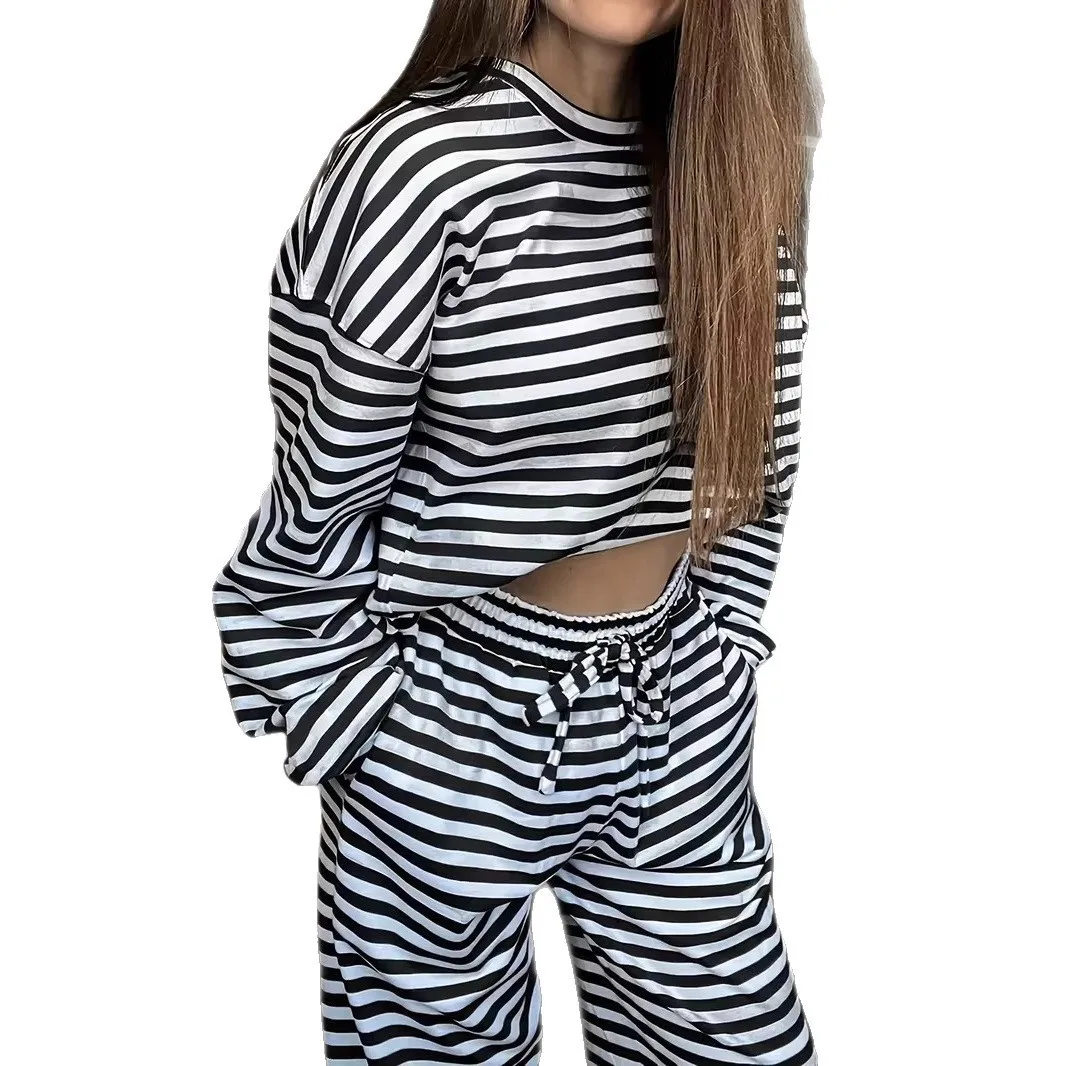 Women's Retro Printed Knit Striped Full Length Pants Elegant All Season Casual Comfortable Stretchy Bottoms with Ribbed Cropped