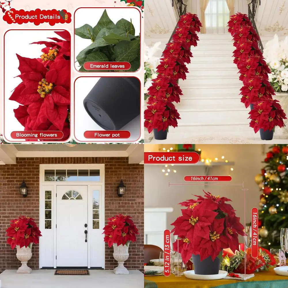 

16“ Artificial Poinsettias Flowers for Outdoors Red Faux Christmas Poinsettia Plant 11 Heads Winter Flowers for Front Porch Gard