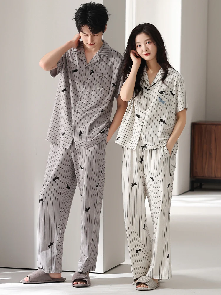 couple's-modal-cotton-pajamas-summer-lightweight-casual-home-clothes-short-sleeve-long-pants-set-striped-design-comfortable-fit