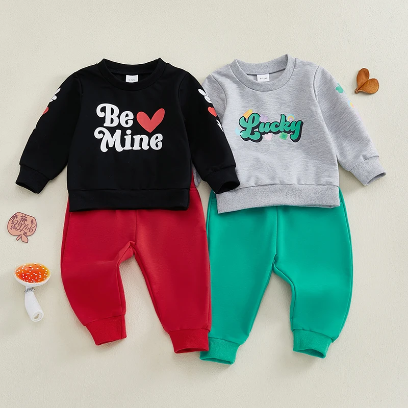 Conjuntos de otoño para niños y niñas, sudadera informal con estampado de letras, manga larga, cuello redondo y pantalones largos lisos, para el Día de San Valentín