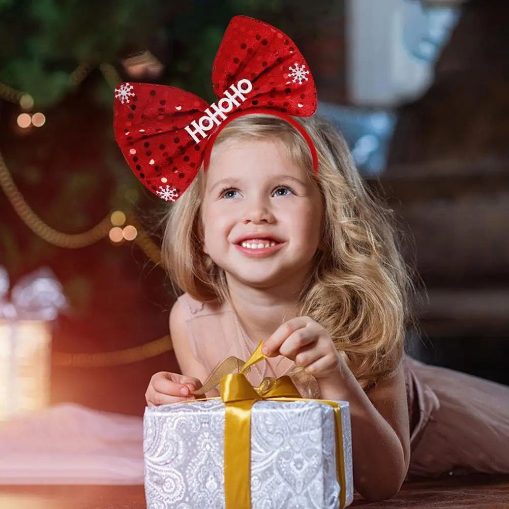 Diadema de lentejuelas brillantes con letras de lentejuelas navideñas, decoración de Bowknot, diadema festiva de copo de nieve a rayas, Aro para el cabello para feliz