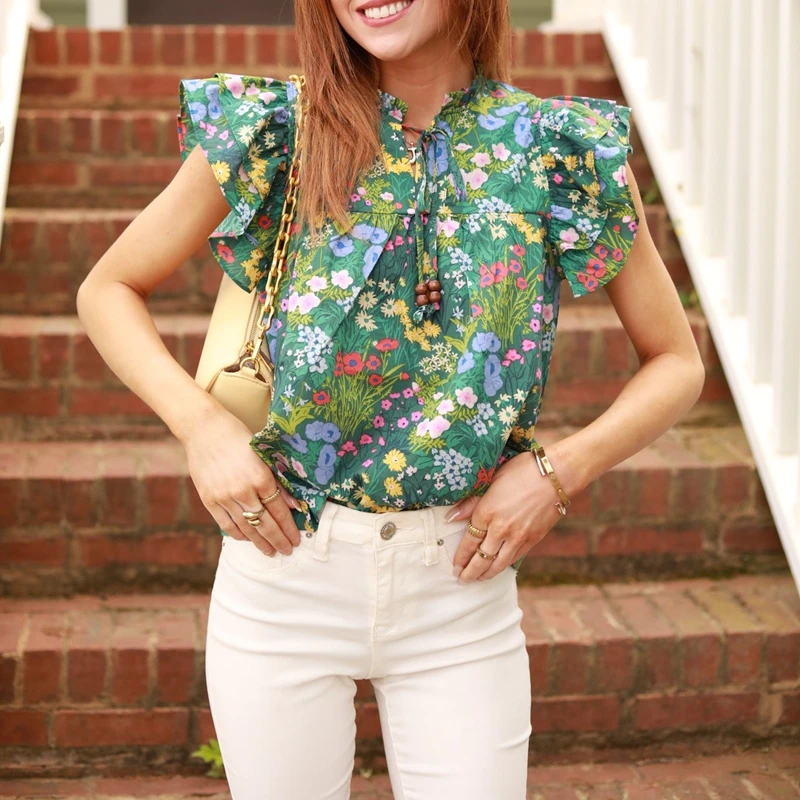 

Combhasaki Women Summer Folky Floral Print Beading Straps Tied O-Neck Blouse Ruffle Layered Petal Fly Short Sleeve Shirt Tops