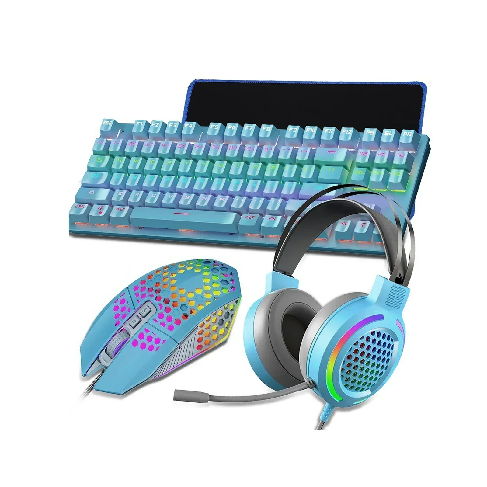 Office Combo Gaming Keyboard PBT RGB Backlit 87 Keys Mechanical USB Wired PC Mute Gift With Mouse Headphone Pad