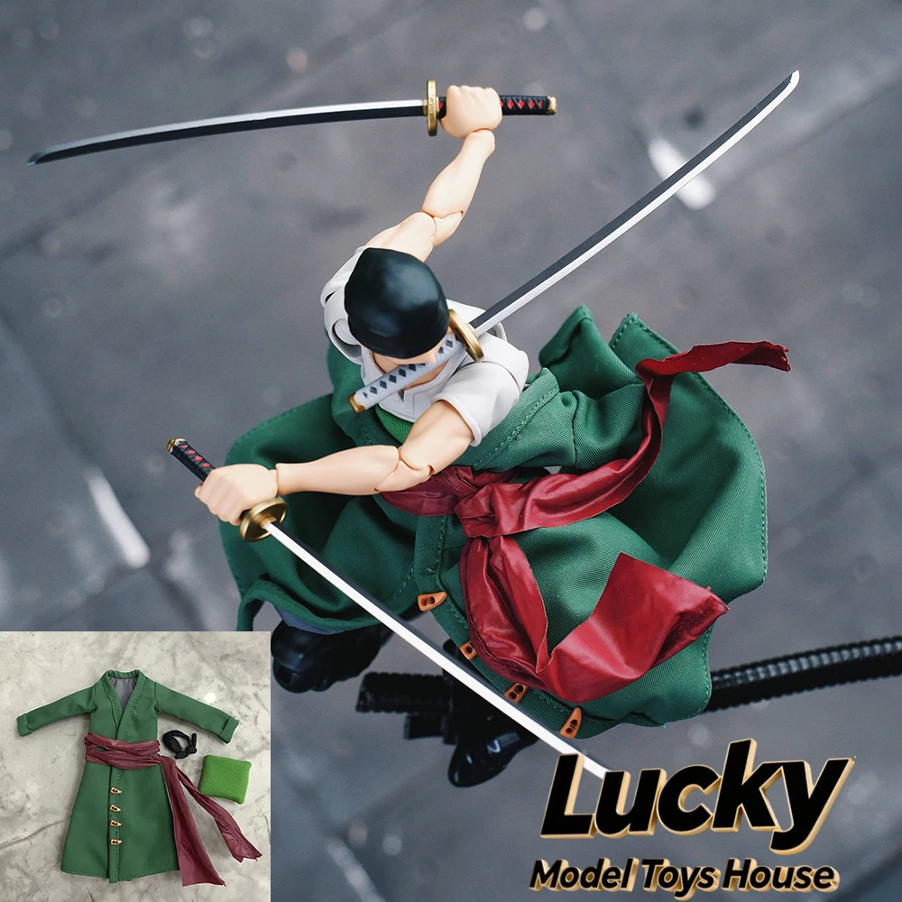 

1/12 Man Soldier Dark Green Long Robe Windbreaker Coat Waist/Arm Black Belt Clothes Set Accessory For 6" Shf Roronoa Zoro Body