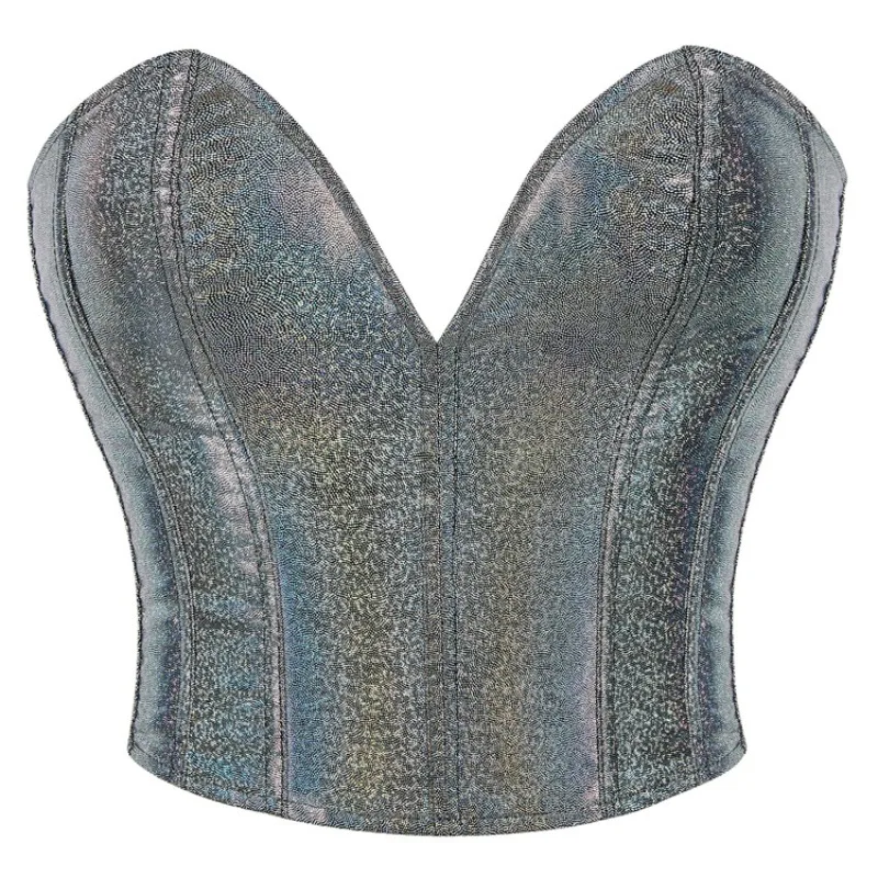 

Shiny Silver Corset Shapewear Waist Cropped V Neck Gothic Strapless Chest Support Female Fashion Corset Tops Ouftis Lady