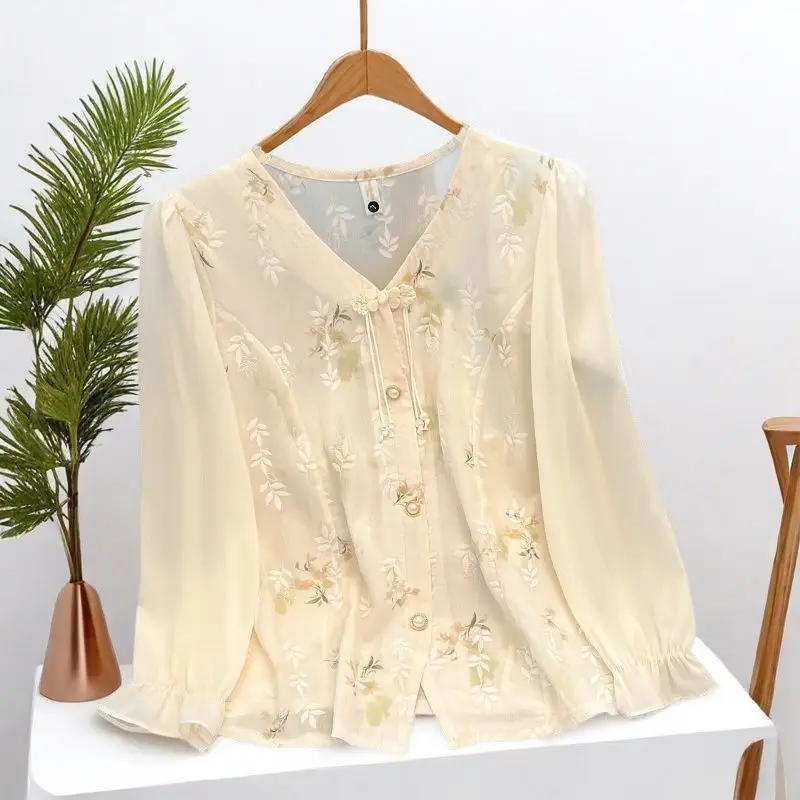 

Новая рубашка с длинным рукавом и воротником в китайском стиле, женская ранняя осень, топ с v-образным вырезом и цветочным принтом, уникальная изысканная блузка