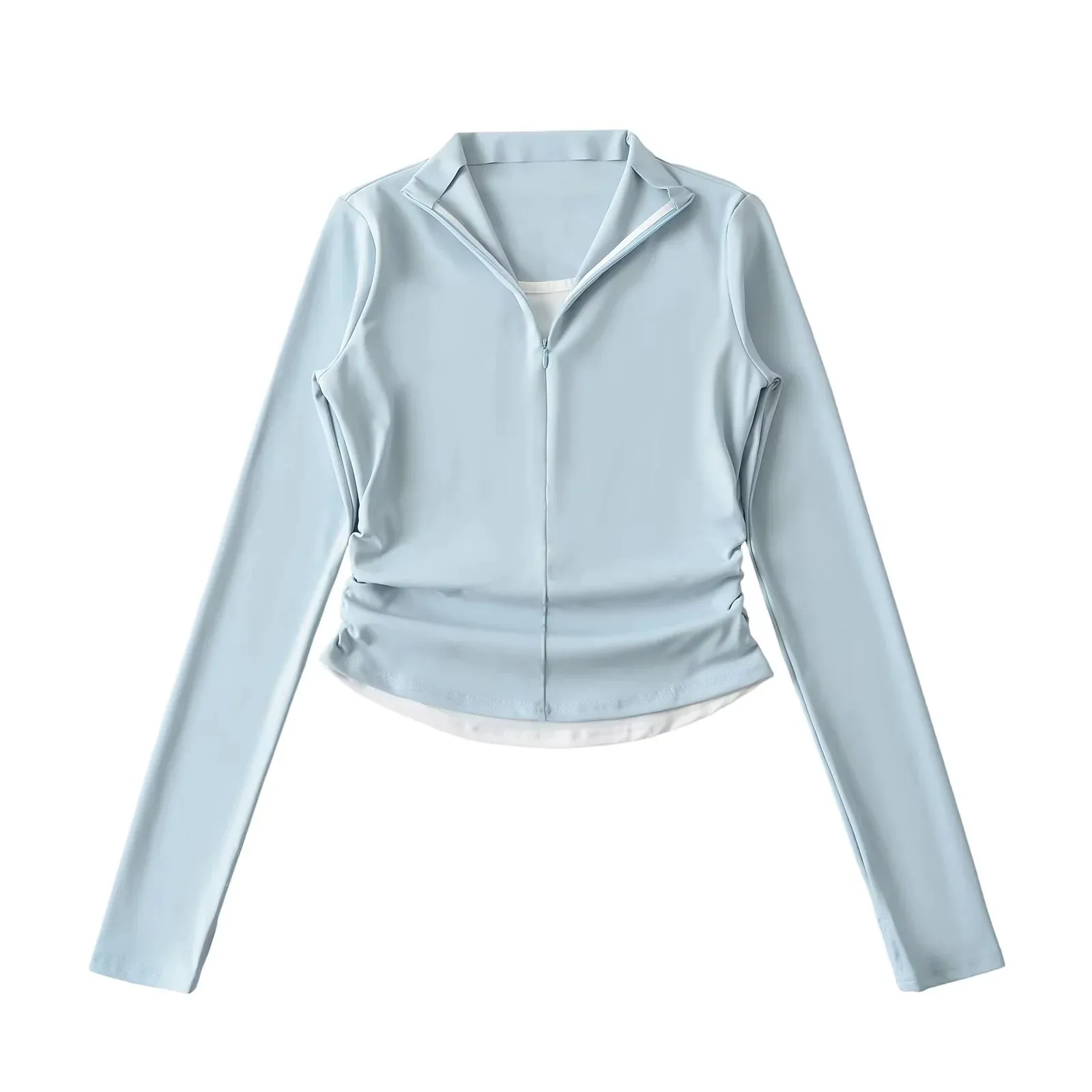 Women's Spring/Summer Sports Half-High Collar Fake Two-Piece Long Sleeve T-Shirt Slim Fit Ruched Waist Top 7J3P
