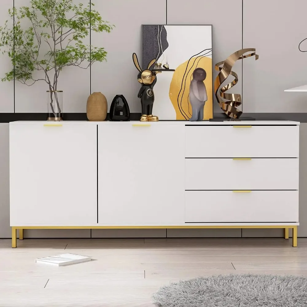 White Buffet Sideboard with  Drawers & Doors Storage, Buffet Cabinet Sideboard Credenza Coffee Bar Cabinet, Metal Legs