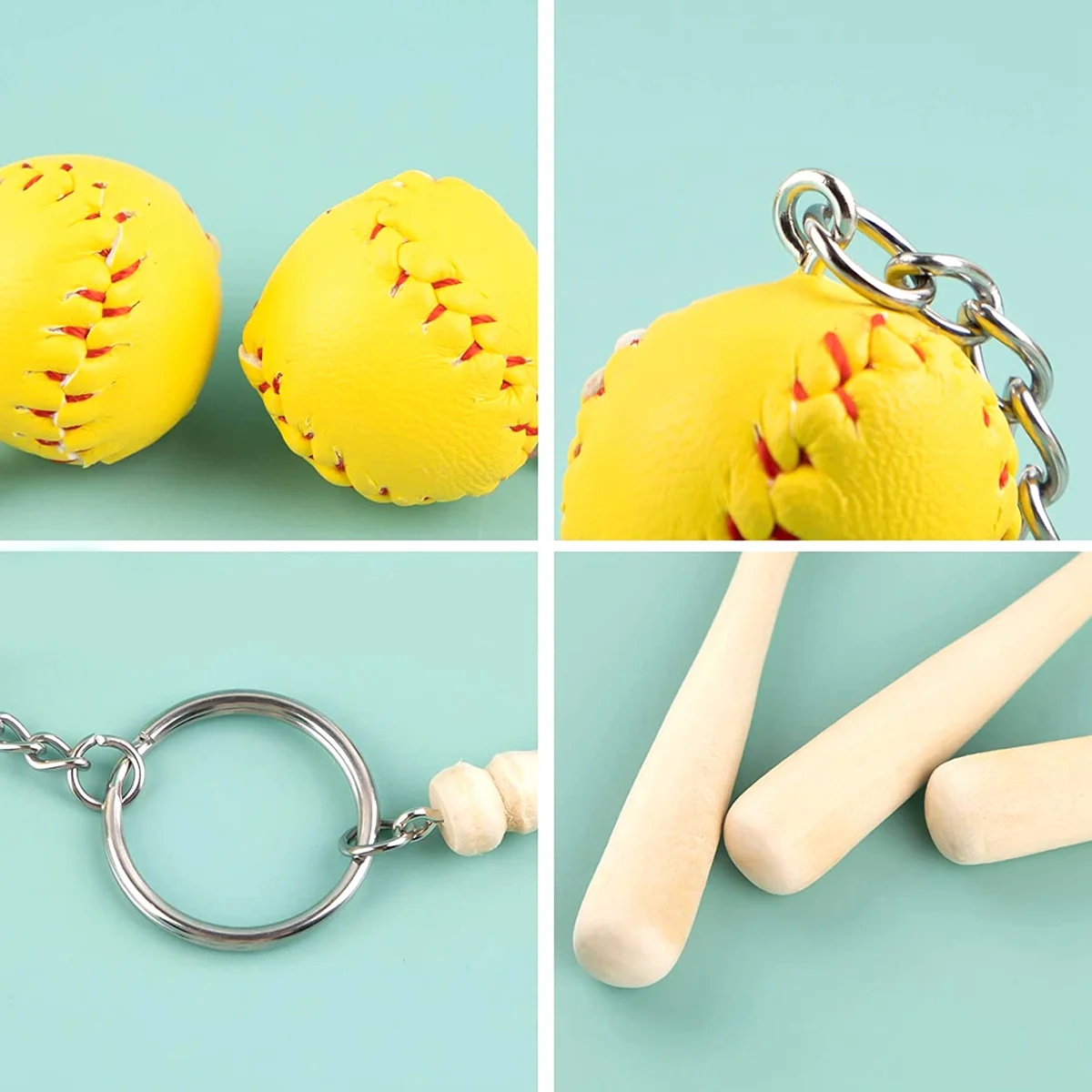 NALFI-12Pcs Wooden Baseball Bat With For MINI Baseball Keychain Softball Keyring Sports Keychain For Team Gifts