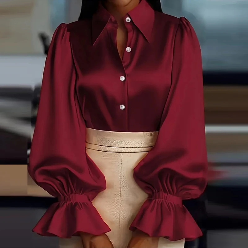 ربيع الخريف المرأة بلوزات طويلة الأكمام رفض طوق زر قميص المرأة موضة نفخة الأكمام مكتب سيدة القمم #2