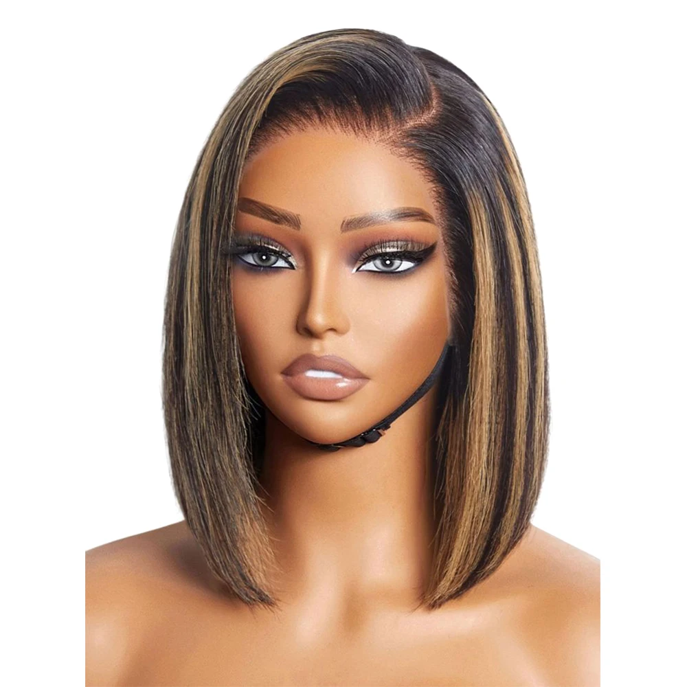 200% 1B/27 Ombre Highlight 13x4 Transparent Lace Front Human Hair Wig Pre pluck With Natural Hairline Straight Short Bob Wig image 4