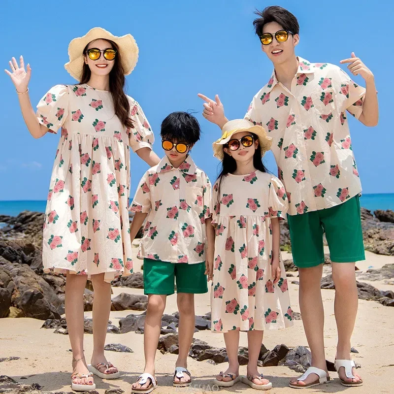 

Dress 2025 Woman Look Family Matching Korean Mom and DaughterOutfits Vacation Holiday Resorts Floral Clothes Dad Son Shirts