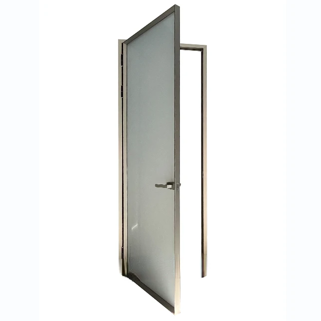 Champagne Color Aluminium Restroom Use Opaque Grey Glass Narrow Frame Design Floor Type Swivel Bearing Swing Door