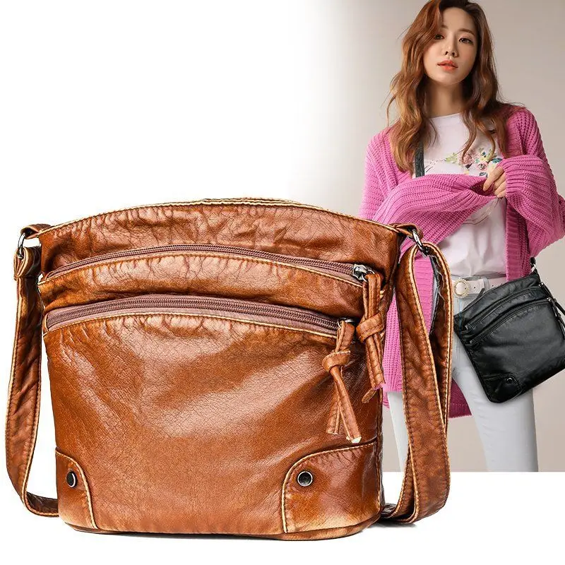 

2025 New Women's Retro Fashion Trend Soft Leather All Shoulder Large Capacity Middle-aged Crossbody Sewing Thread Zipper Bag