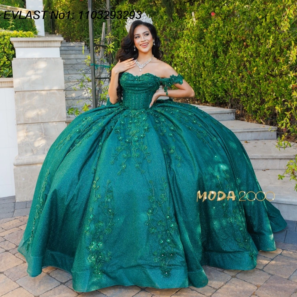 

EVLAST Customized Mexican Green Ball Gown Quinceanera Dress Floral Applique Beading Corset Sweet 16 Vestidos De 15 Anos E1QN239