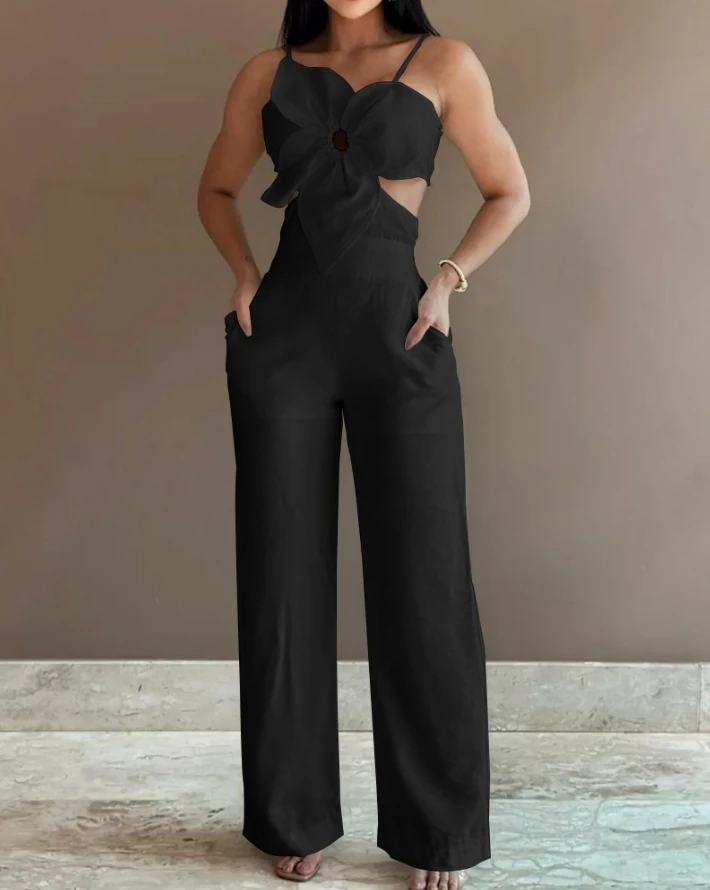 Women Jumpsuit Spaghetti Strap Asymmetrical Neck Floral Pattern Shirred Hollow Out Tied Detail Backless Pocket Straight Jumpsuit