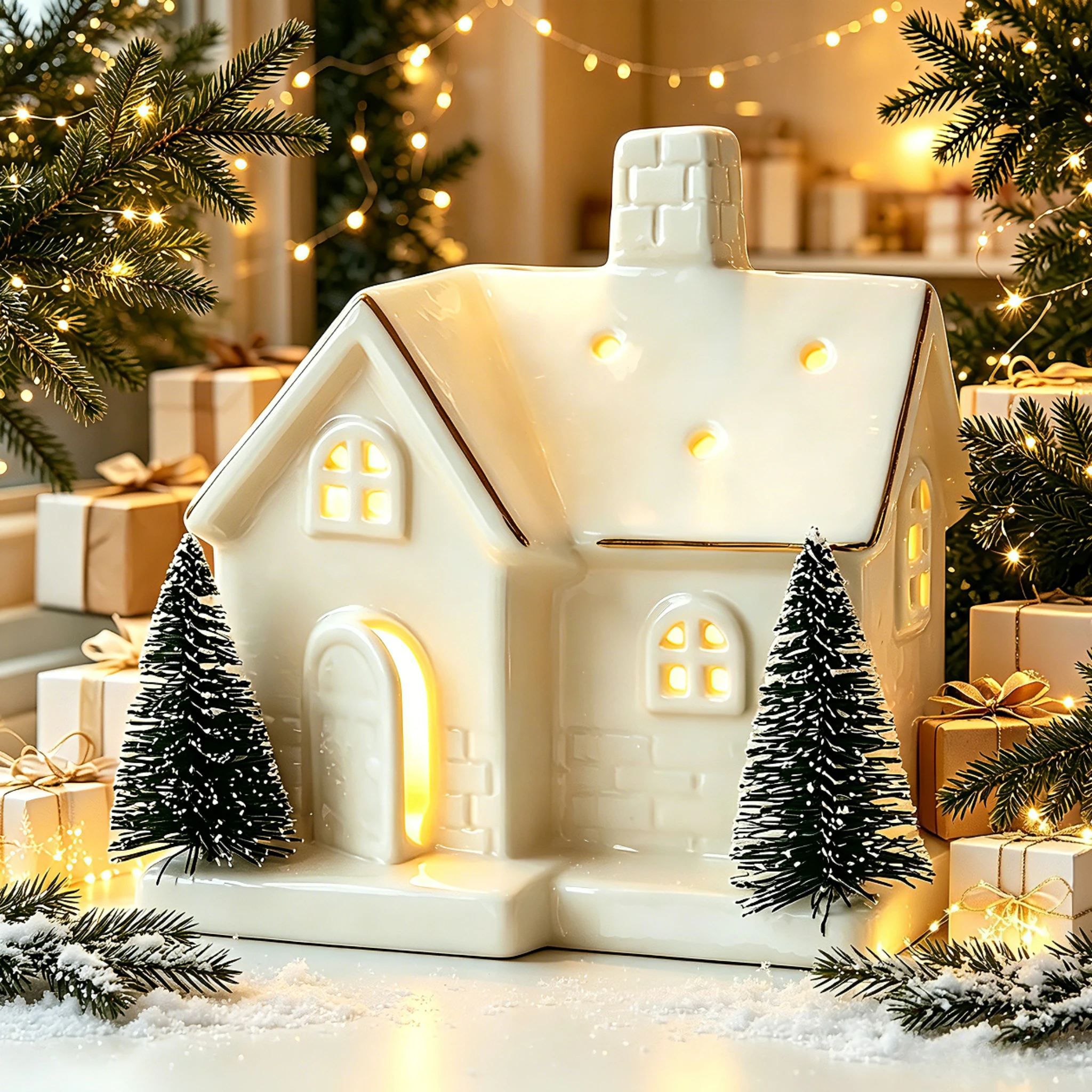 Christmas Tree House Creative Ceramic Ornaments Luminous Snow House Snow House Scene Arrangement Tabletop Small Ornaments