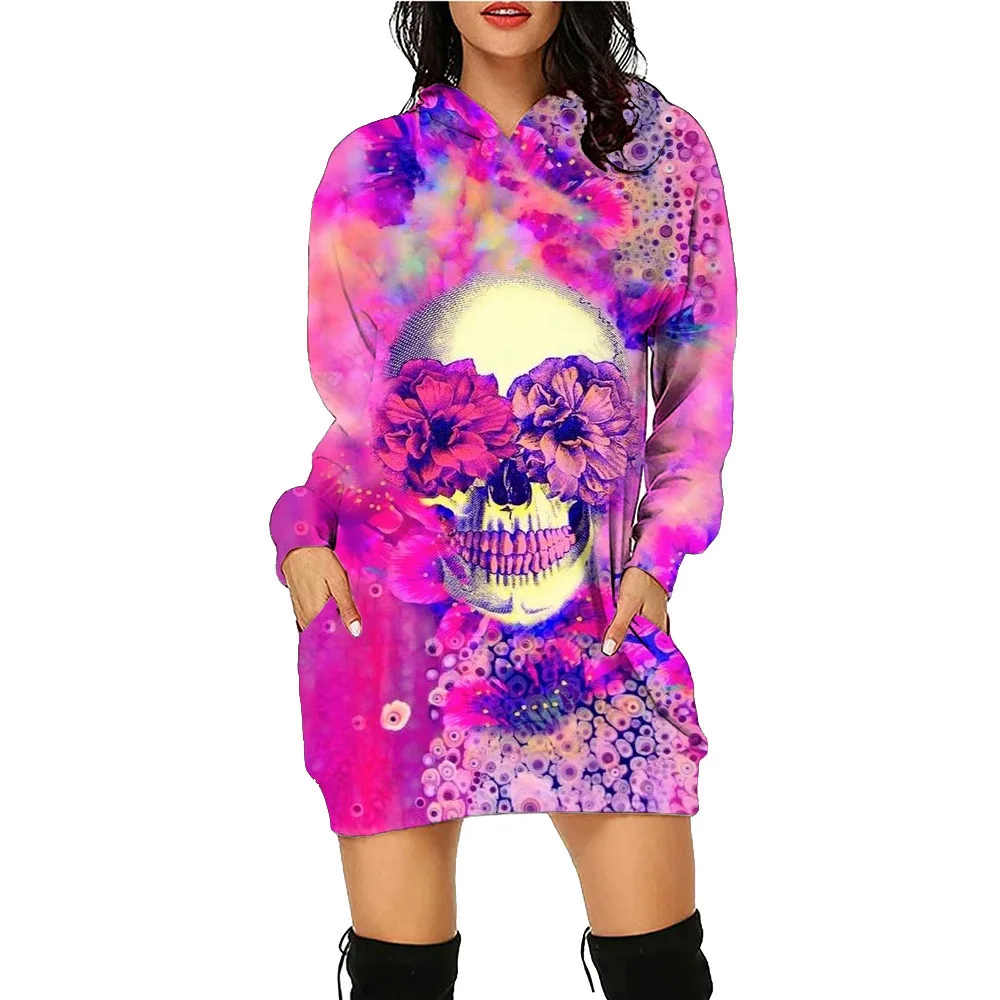 Halloween Colorflu Skull Printed Hoodie Dress Women's Daily Workout Hoodies Long Sleeve Pullover Autumn Winter Loose Tee Vestido