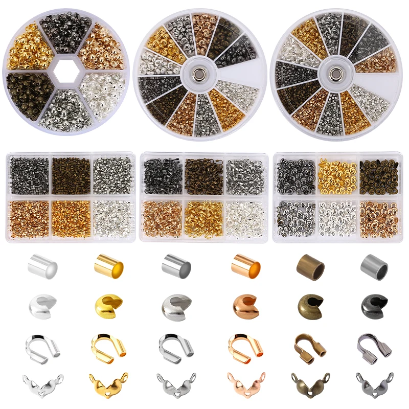 600pcs/Box 6 Styles Brass Tube Crimp Beads Tips Knot Covers Wire Guardians Protectors End Bead for DIY Jewelry Making Supplies