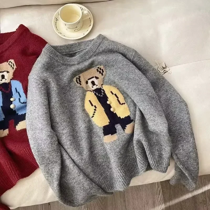 High Quality Embroidery Sweater Fashion Dressing Bear Cartoon Jumper Tops Young Women Streetwear Winter Knitwear Apricot Clothes