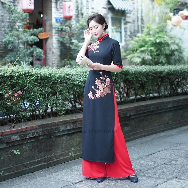 

2025 vietnam vintage ao dai dress chinese cheongsam dress+pants set traditional flower embroidery banquet evening qipao dress