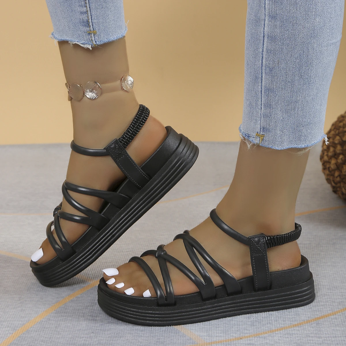 

Roman Sandals Casual Thick-soled Sandals for Women 2024 New Fashion Round Toe Platform Platform Sandals Beach Shoes