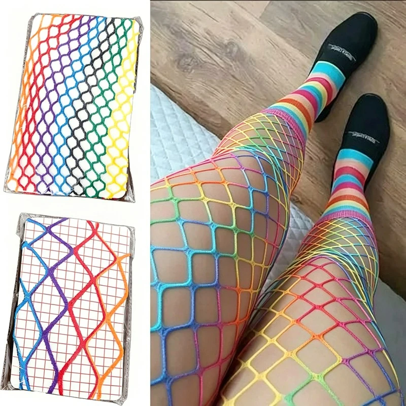 Y2K Subkultur Regenbogen-Netzstrumpfhose für Mädchen, durchbrochene bunte Damen-Netzstrümpfe, dünne JK Goth Street Club Strümpfe