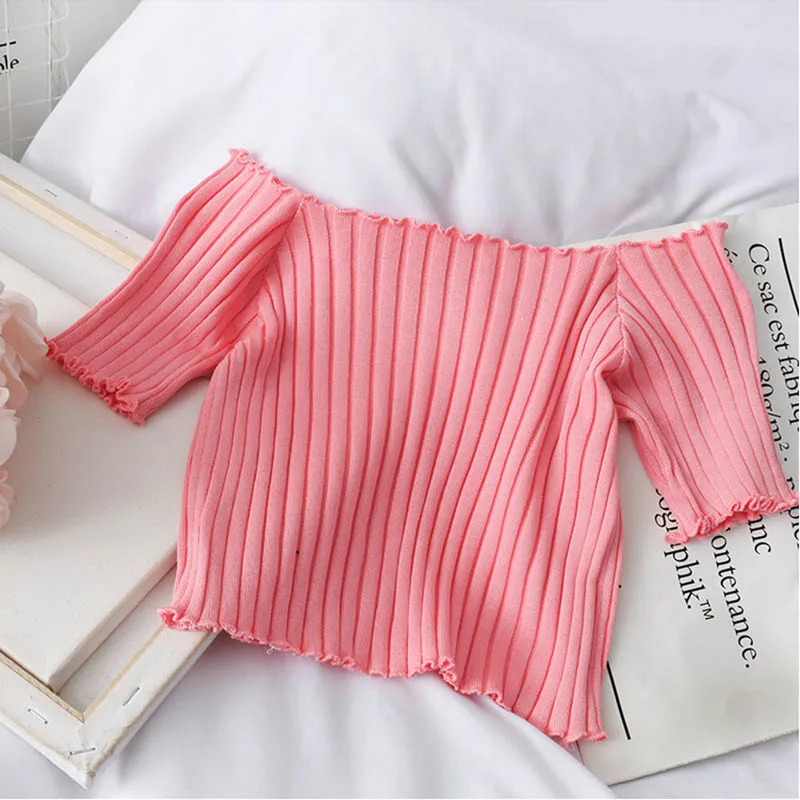 Women Off shoulder T-shirts Solid Tops Summer Women Summer Ruffles Hem Tees Short Sleeve Knit Crop Top Women 2023 Summer