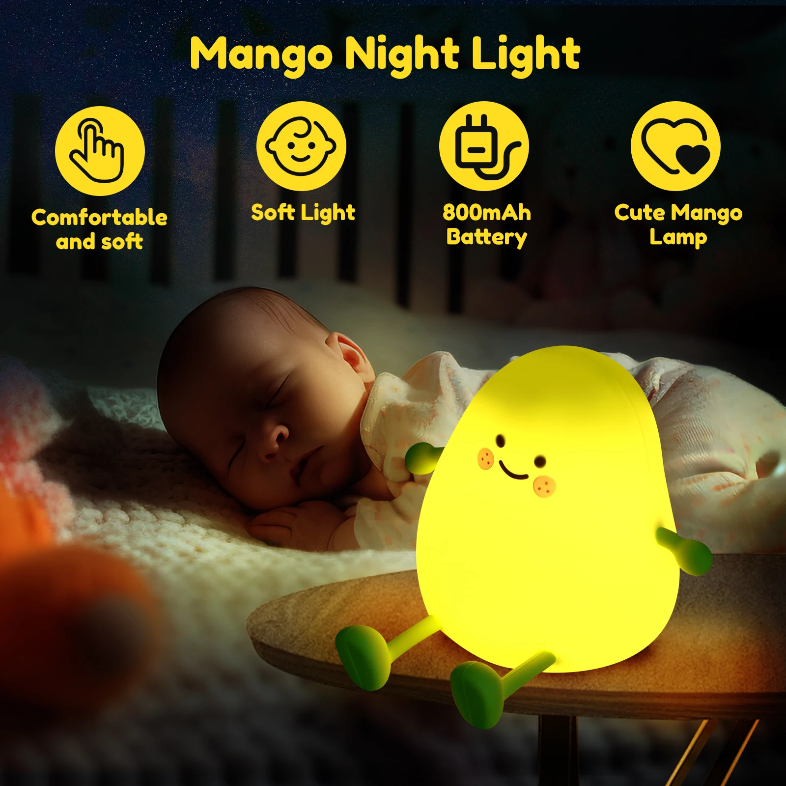 Night Light for Kids Cute Mango Nursery Night Lights 2 Level Dimmable Silicone Toddler Night Light Room Decor Bedside Touch Lamp