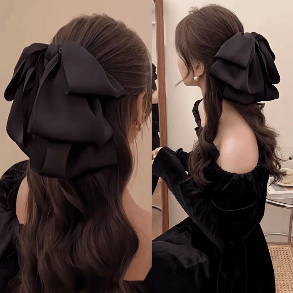 Wide Grip Oversized Bow Hair Claw Sturdy Durable Long-Lasting Hair Accessories Non-Slip Pure Black Hair Clamp Daily