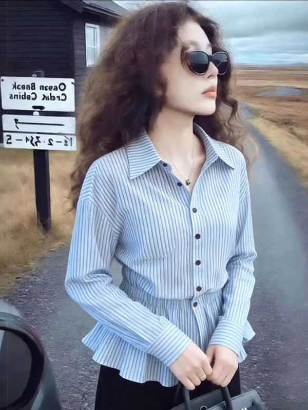 

Модный топ для полных женщин: прямой крой, полосатый, стройнящий, длинный рукав, для работы, в корейском стиле, весна 2026