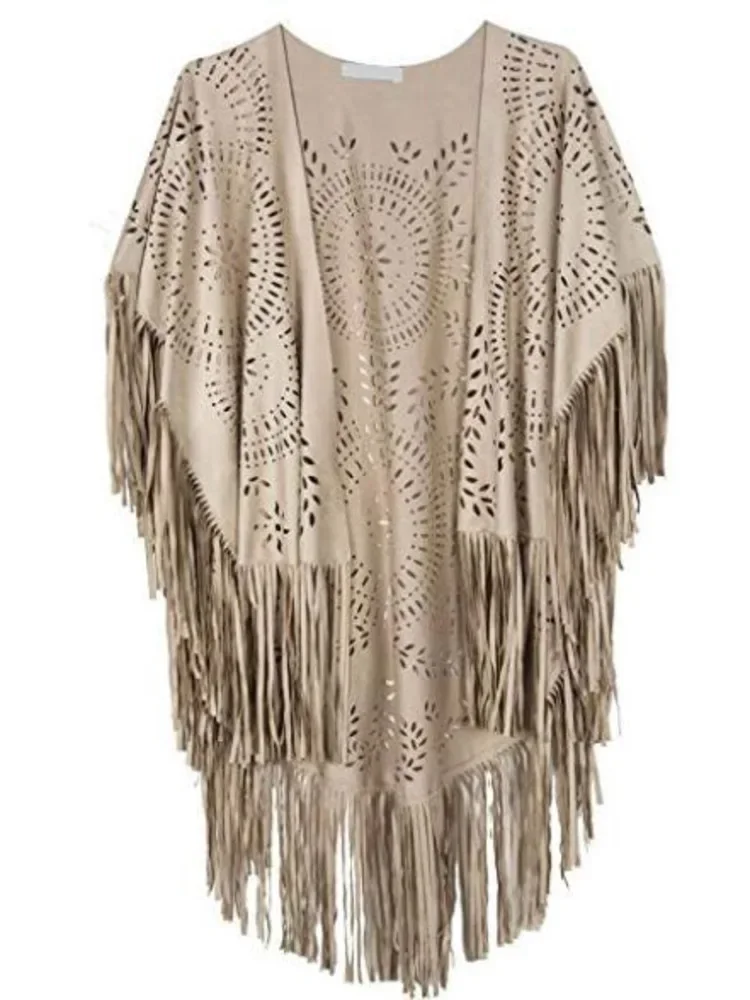 2024 New in Camel Suede Floral Hollow Out Fringe Tassel Shawl Women Vintage Bohemian Capes Ponchos Beach Cardigan Boho Cloak