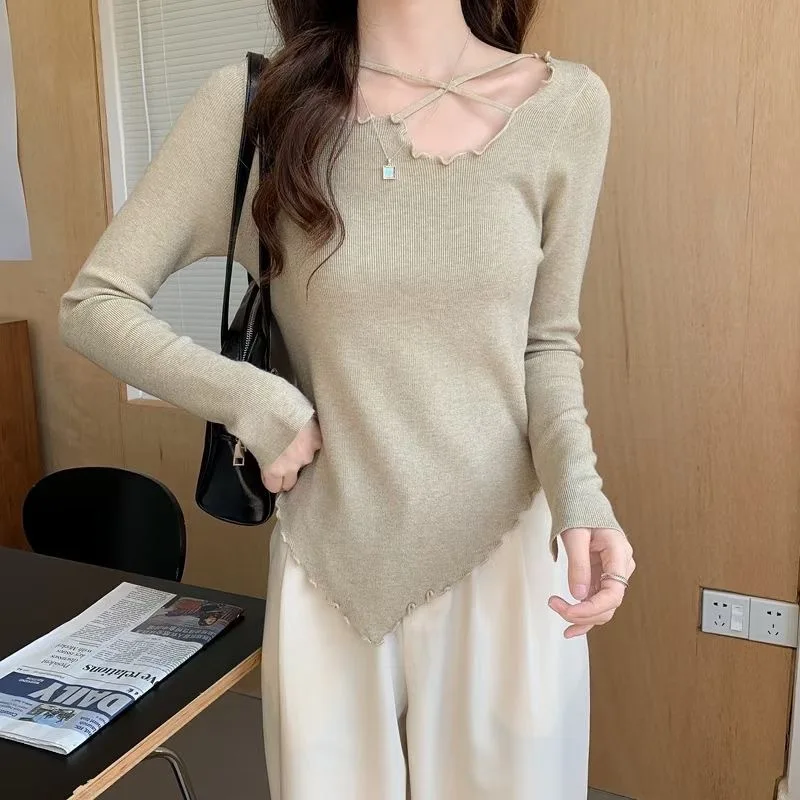 Matakawa Irregular Cross Solid Jersey Mujer Korean Fashion Autumn Winter Pull Femme Basic Long Sleeve Slim Women Sweaters