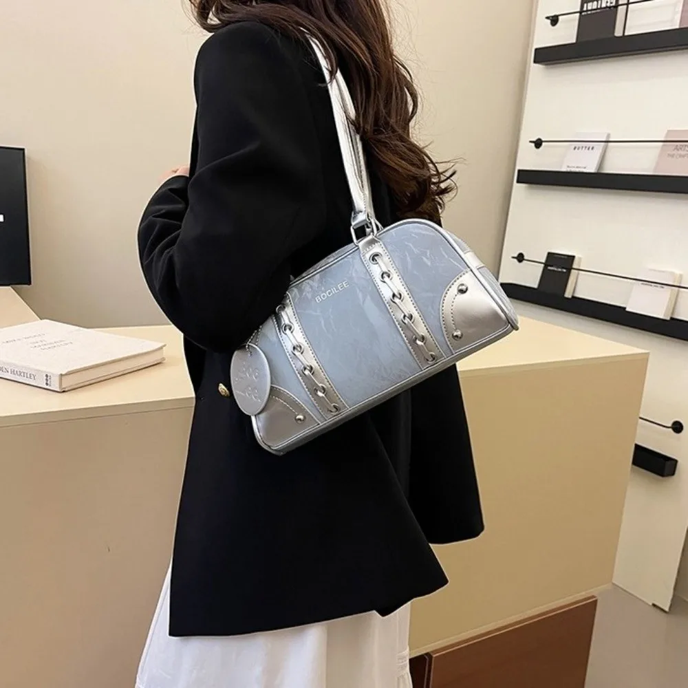 

Casual Underarm Bowling Bag PU Leather Large Capacity Boston Pillow Bag College Style Korean Style Woman Shoulder Bag Girls