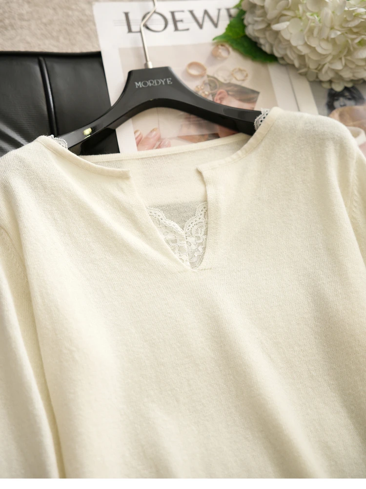 

100% шерстяной вязаный свитер с длинными рукавами и V-образным вырезом, с кружевной отделкой, мягкий и удобный, для повседневной носки, женская мода