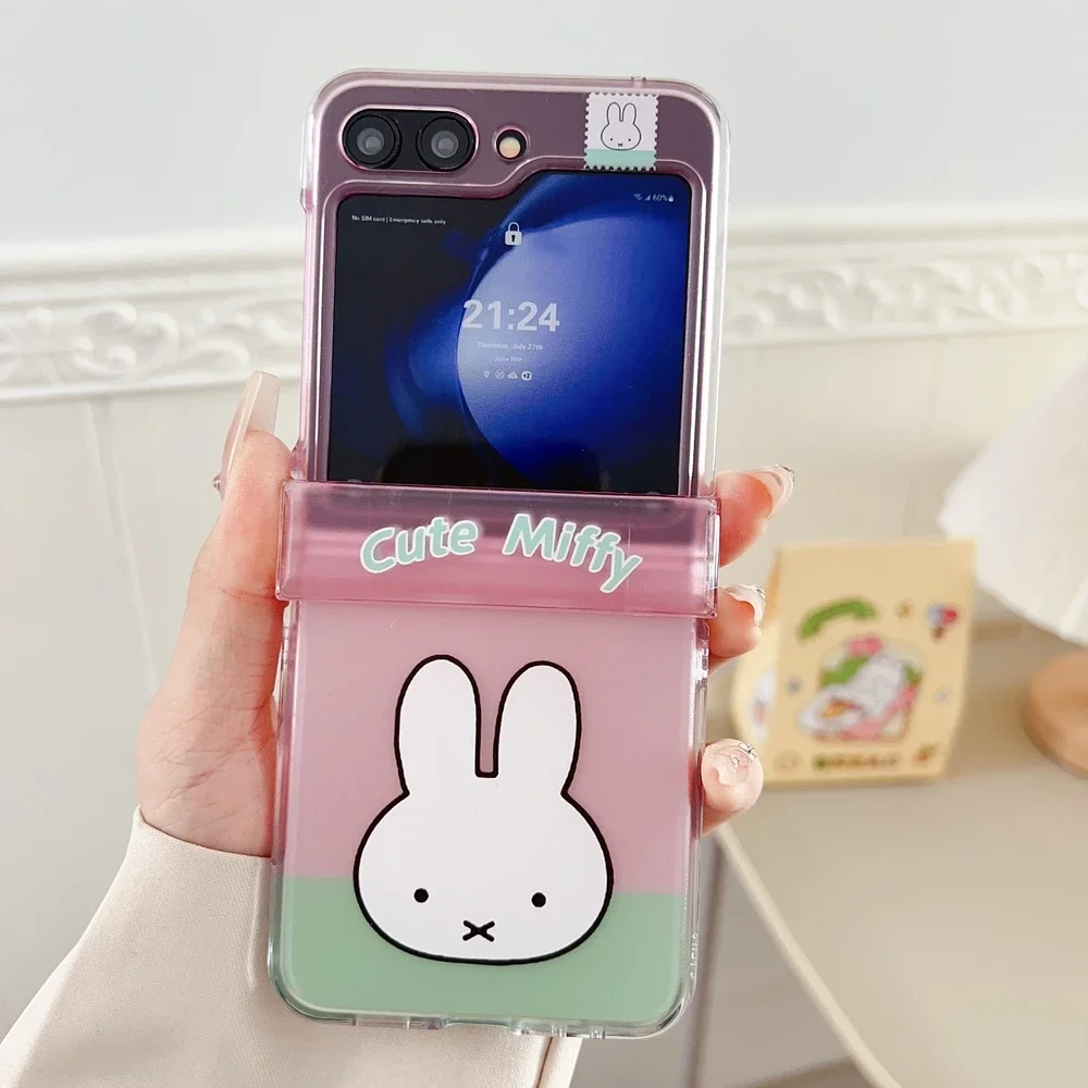 Kawaii Cute Cartoon Miffy Rabbit Phone Case For Samsung Galaxy Z Flip 8 7 Hard PC Back Cover For Z Flip 6 5 4 Case With Lanyard