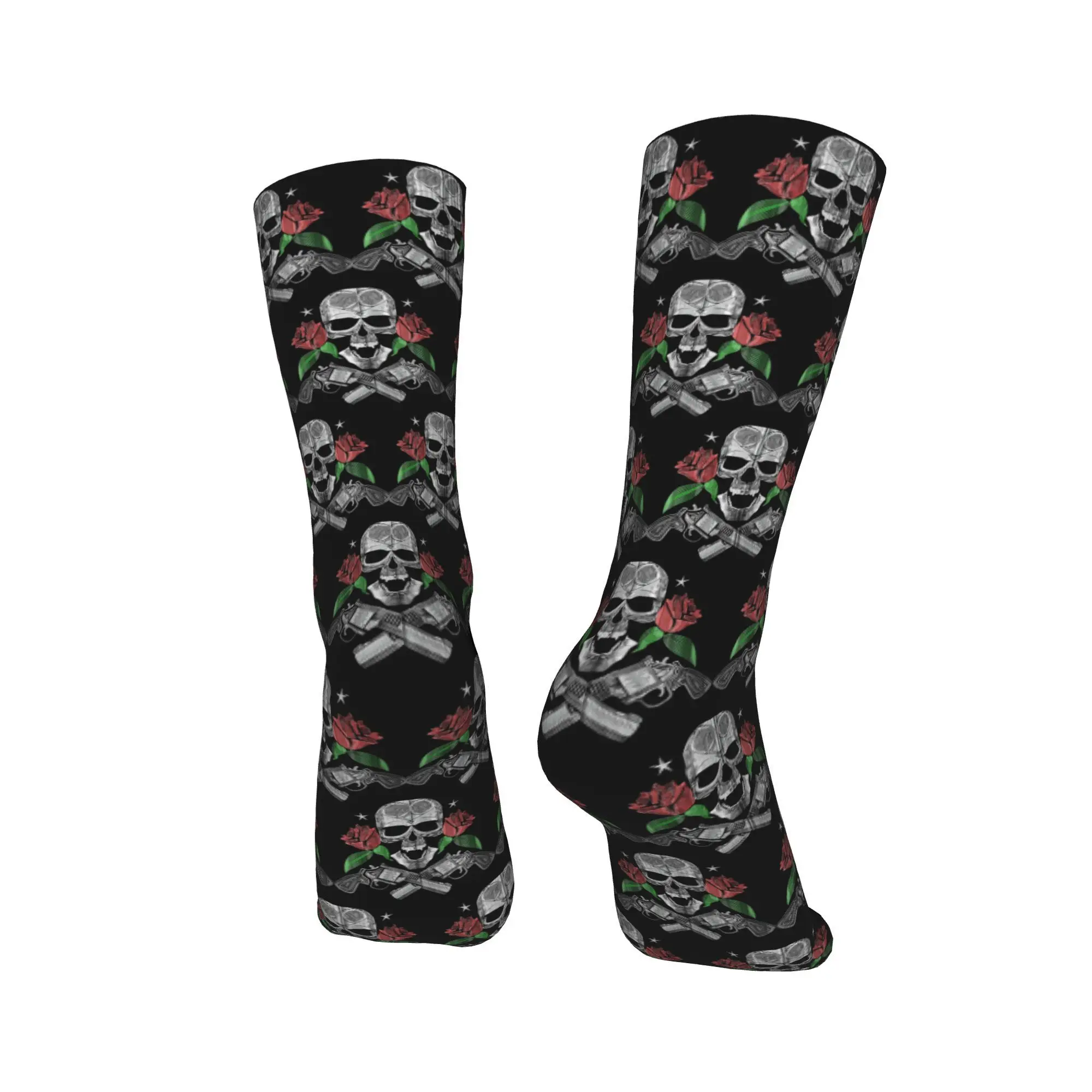 الورود الحمراء مع البنادق والجمجمة تصميم البريدي هوديي الجوارب Harajuku جوارب الرياضة الأوسط جوارب أنبوبية لينة هدايا عيد الميلاد