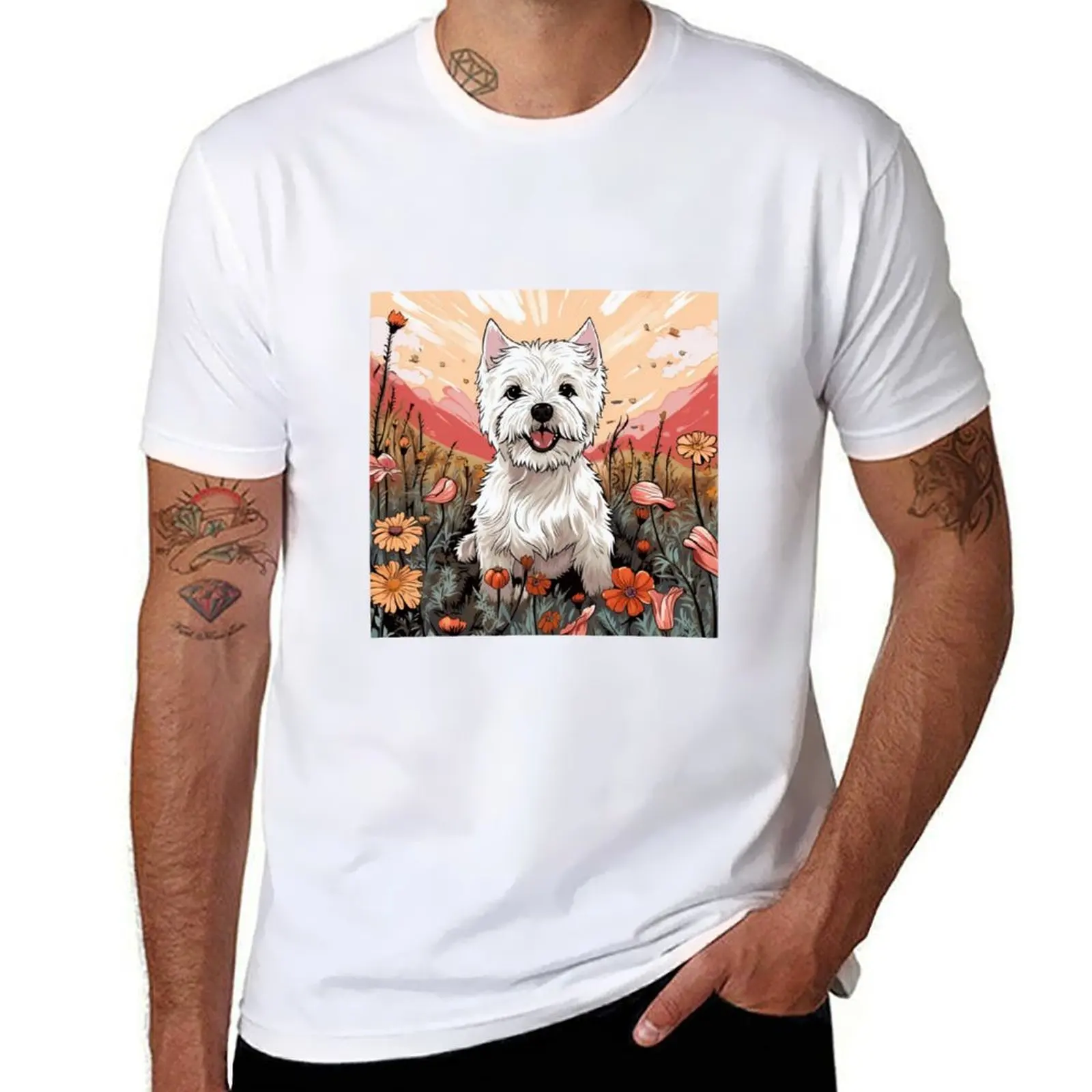 Meadow Marvel: Cartoon Westie Delight T-Shirt valentines clothes plain plain black t shirts men