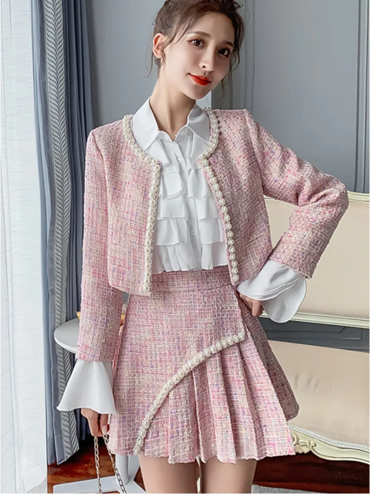 2024 Autumn Winter New Women Tweed 3 Piece Set Beading Short Coat + Pleated High Waist Pleated Skirt + Chiffon Shirts Outfits