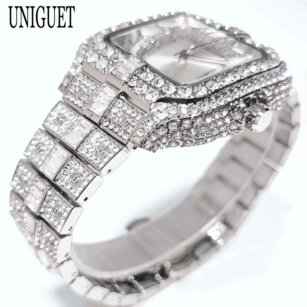 UNIGUET модные ледяные часы для мужчин, роскошные стальные римские буквальные часы в стиле хип-хоп, квадратные кварцевые наручные часы с бриллиантами, мужские дропшиппинг