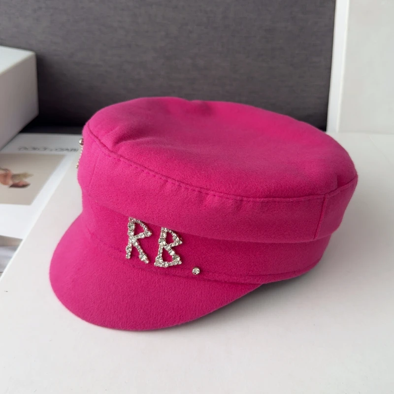 

Rhinestone Letter Newsboy Cap for Women Pink Retro Flat Top Baker Boy Hat Stylish Hip Hop Bling Cadet Cap