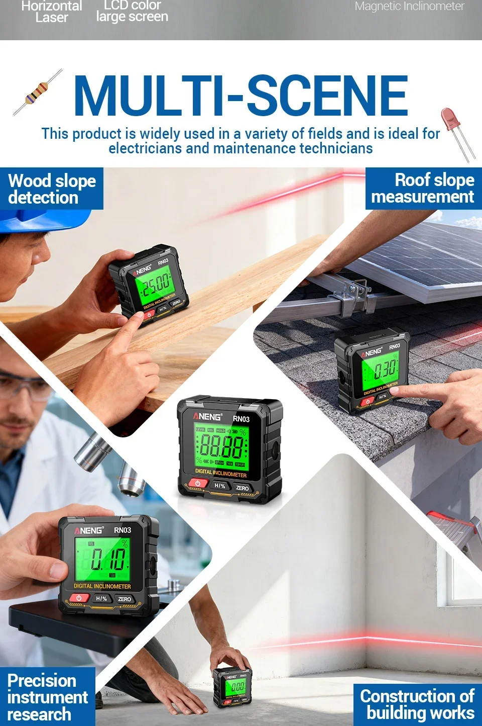 ANENG RN03 Handgehaltener Digitaler Winkelmesser Vierseitiger Magnet Horizontaler Laser Hintergrundbeleuchteter Bildschirm Wiederaufladbares Messgerät – Detail 2