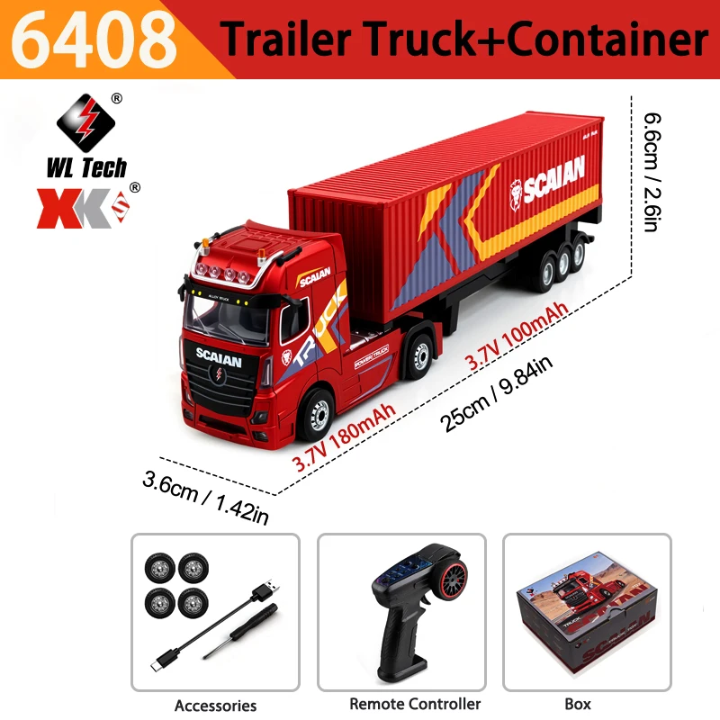 WLtoys 1/64 4WD RC Alloy Truck met container, onafhankelijke besturing, hefbare container, verlichting & claxon, cruise control, RC speelgoedauto