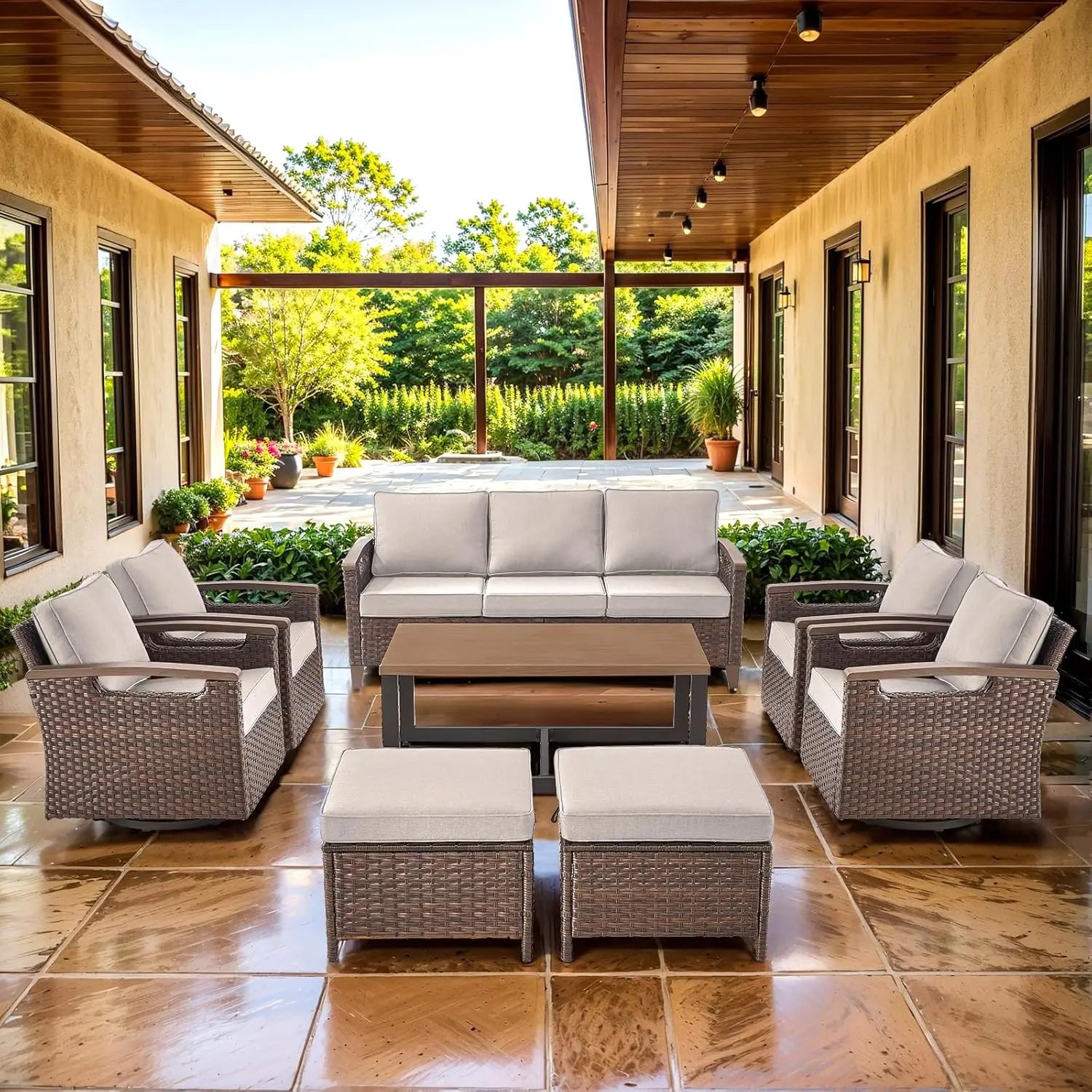 

Роскошный 8-предметный комплект садовой мебели повышенной прочности с поворотными стульями - всепогодный, из ротанга, с комфортными толстыми подушками, для улицы, на заказ