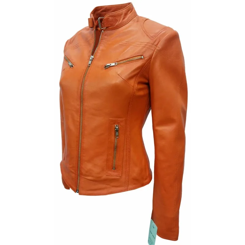 Abrigo de piel de cordero 100% para mujer, chaqueta naranja ajustada para motorista