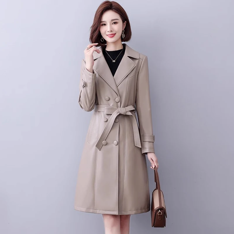 New Women Light Gray Leather Coat Spring Autumn Fashion Suit Collar Double Breasted Slim Trench Coat Split Leather Outerwear